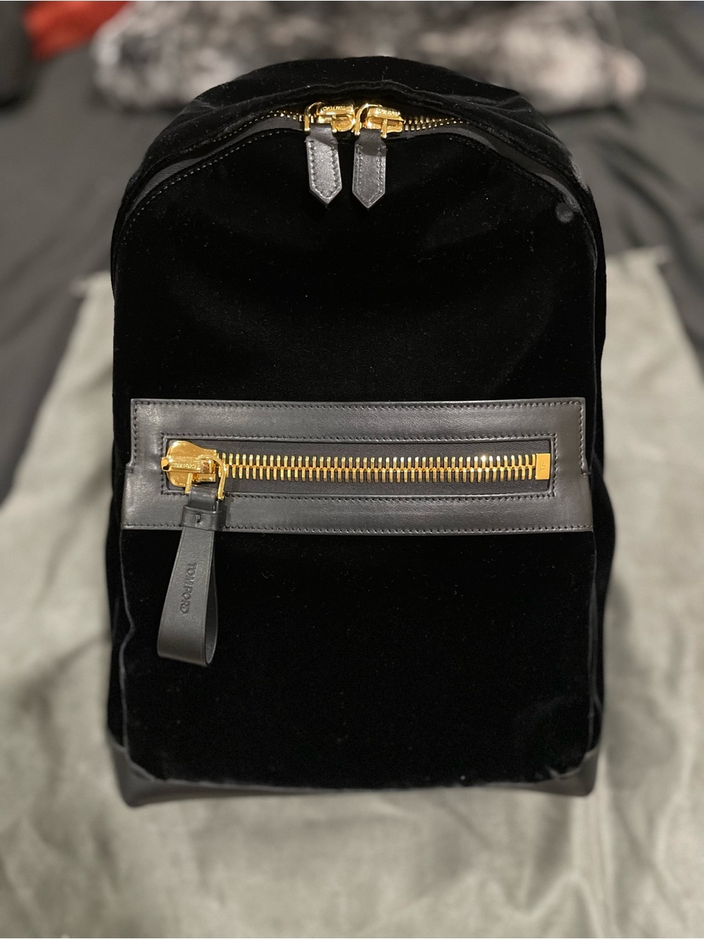 Tom Ford Black Velvet Backpack with Gold Hardware and Gray Trim
